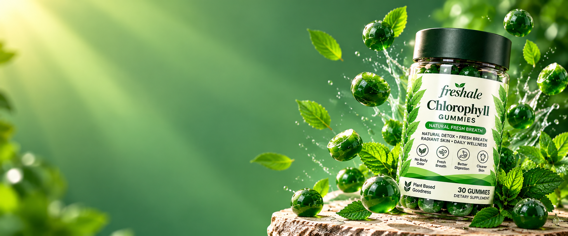 Freshale Chlorophyll Gummies jar among mint leaves
