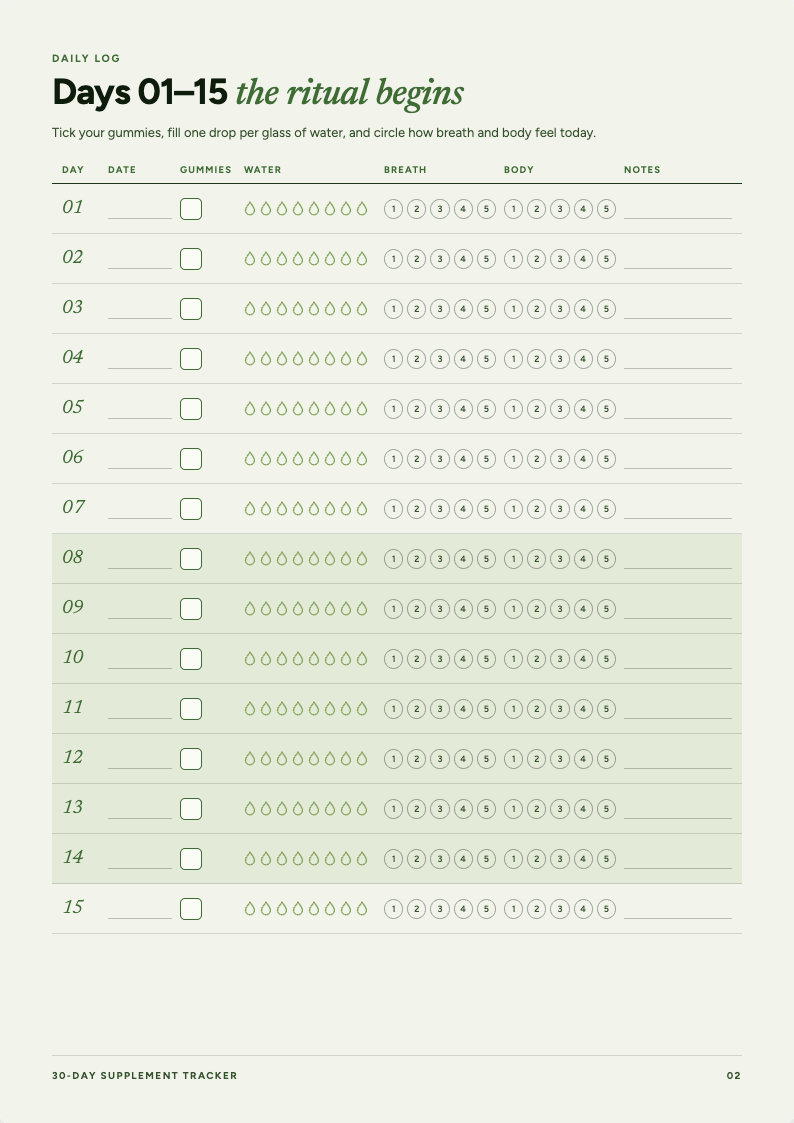 30-Day Supplement Tracker daily log page