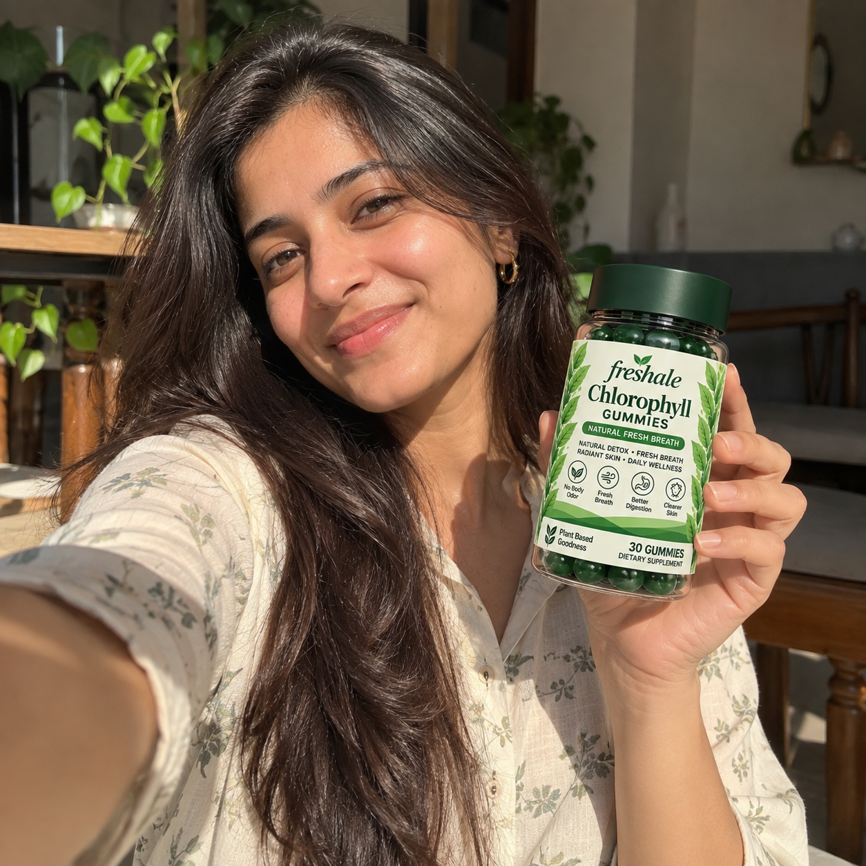 Smiling woman holding a jar of Freshale Chlorophyll Gummies