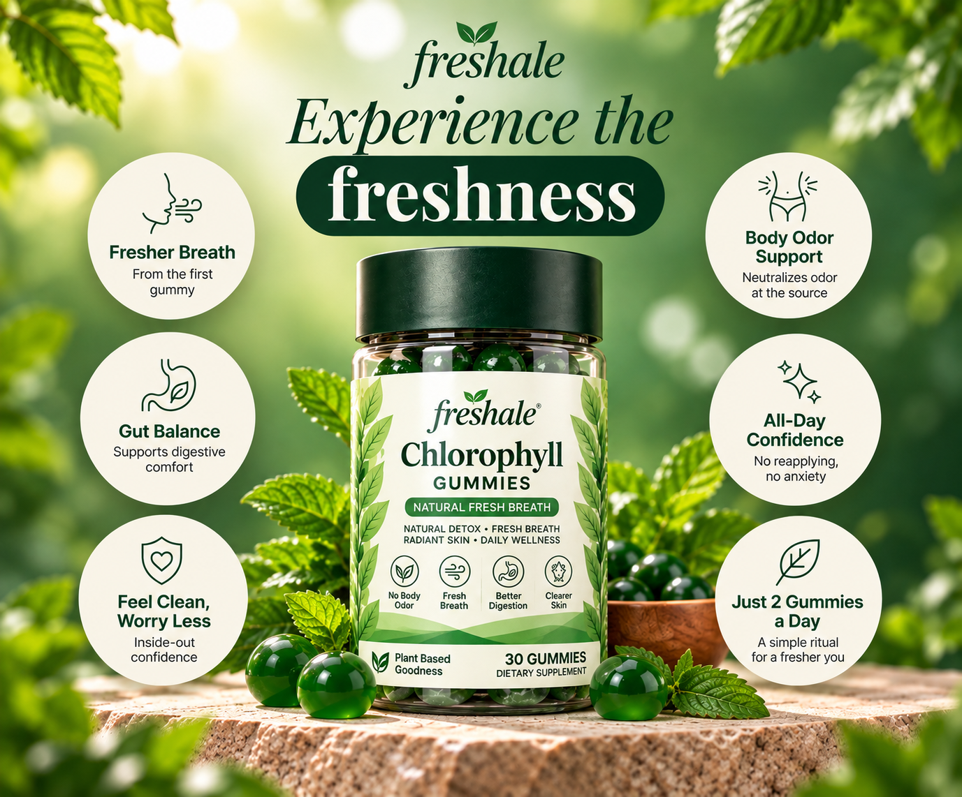 Freshale chlorophyll gummies — fresher breath, gut balance, body odour support, all-day confidence
