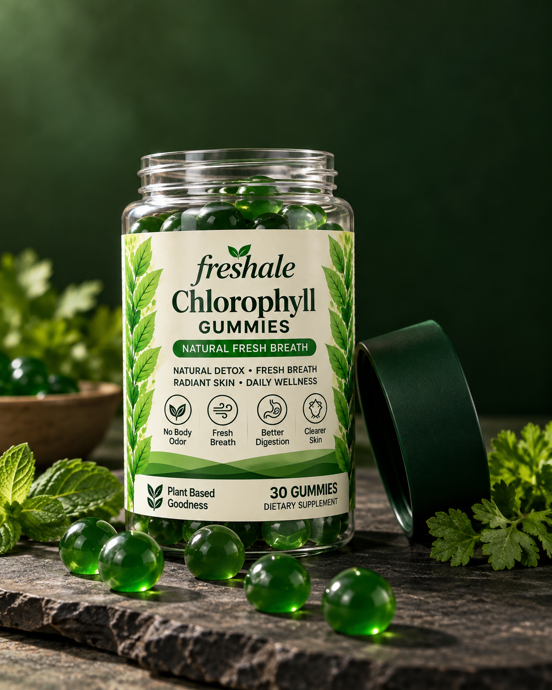 Open jar of Freshale Chlorophyll Gummies with gummies, mint and parsley on dark stone
